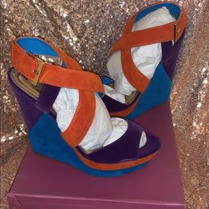 Bamboo Multi Color Suede Wedge Heels